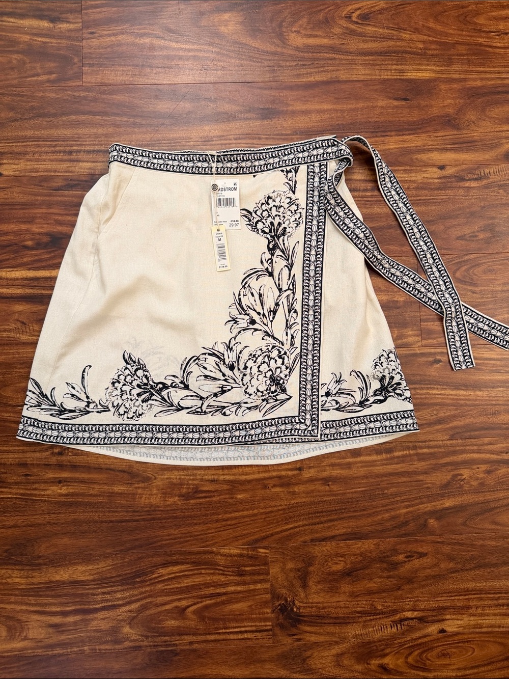 Max Studio  Cream Faux Mini Wrap Skirt with Black Floral Trim